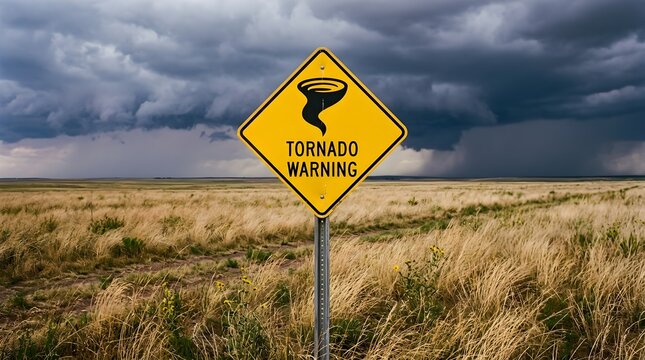 Yellow tornado warning sign in a rural grassy field under dramatic dark stormy clouds and sky