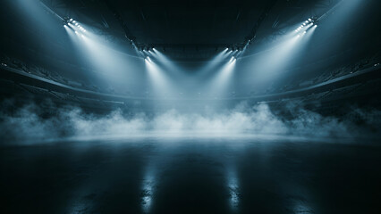 Obraz premium Empty stadium arena with dramatic spotlights and fog on the floor, perfect for sports events, concerts, or product launches