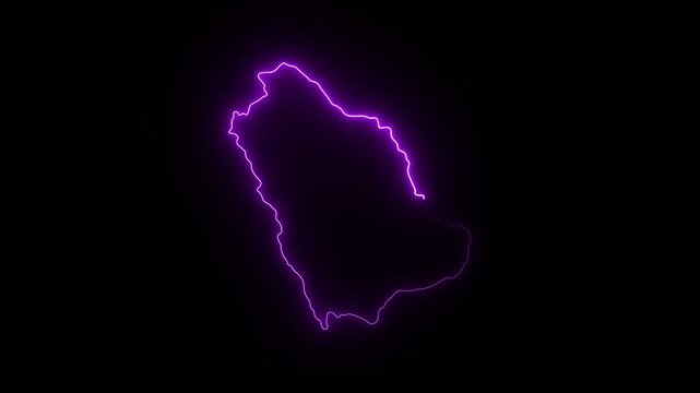 Neon purple glowing outline map of saudi arabia, digital technology concept, futuristic border animation on black background 4K Motion video animation