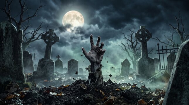 Zombie hand rising from a grave in a spooky graveyard at night under a full glowing moon