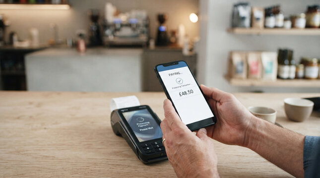 Customer making mobile contactless payment using smartphone at wooden counter in modern cafe with card terminal processing transaction.