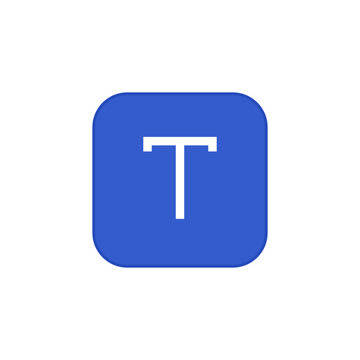 Text tool vector icon with white letter on blue square, representing typography editing, font selection, content writing, layout design and clean interface control.