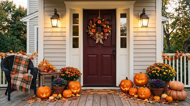 Cozy front porch decorated with pumpkins and autumn flowers for a festive fall house entrance