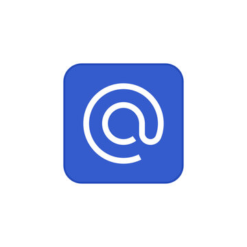 Email address symbol vector icon in blue square button, representing  online contact, username mention, digital communication and clean social interface mark.
