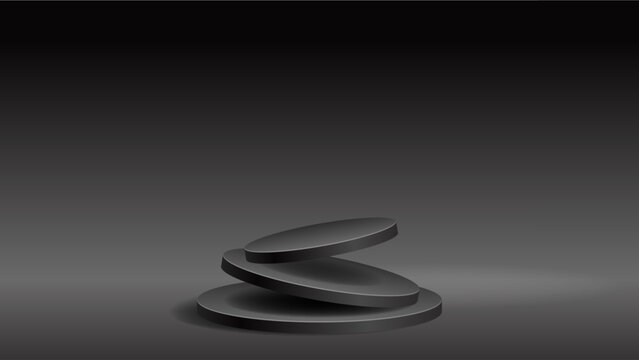 Black vector podium with an asymmetrical cylindrical platform, floating oval tiers and a dramatic spotlight, creating a contemporary stage for art objects, products, branding and exhibitions.