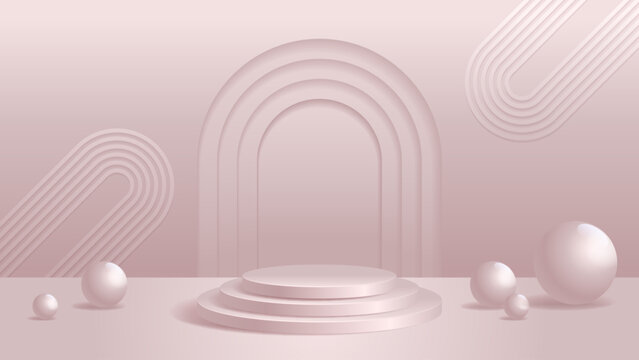 Pastel cylindrical pedestal vector illustration with a pale pink tiered stand, soft arches, decorative spheres and gentle shadows, suitable for cosmetic branding, product showcases and banners.