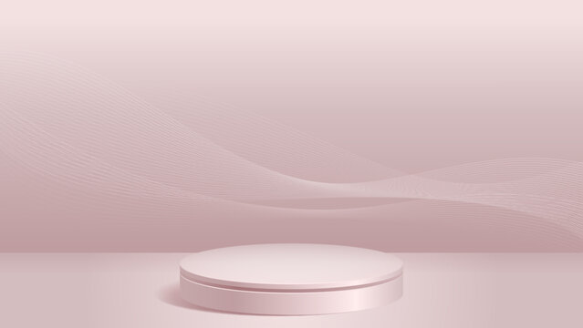 Pale rose cylindrical stand with a luminous round platform and subtle flowing backdrop, designed for skincare, beauty branding, luxury packaging, fashion advertising and online stores.