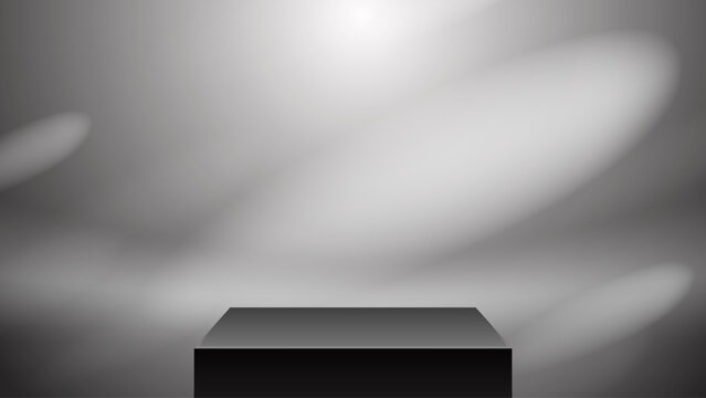 Black square podium vector scene with a compact trapezoidal platform, bright overhead spotlight and smoky gray atmosphere, creating a cinematic setting for products, art, events and branding.