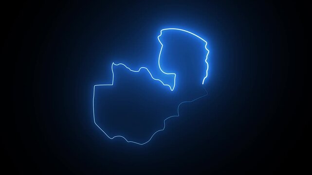 Glowing neon blue map outline of zambia country on a dark black background
