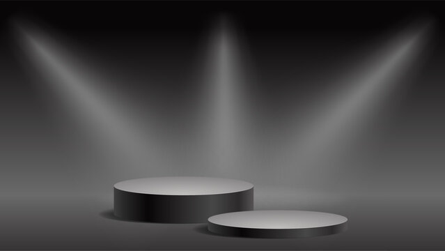 Dark vector composition with two cylindrical podiums and three theatrical spotlights, creating a cinematic presentation stage for products, awards, exhibitions, events and promotional designs.