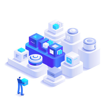 Creative server layout with layered cloud systems, digital storage blocks and futuristic communication tools. Isometric technology vector illustration for cybersecurity and online platforms.