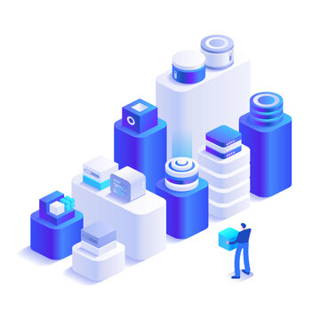 Modern cloud infrastructure scene with server towers, virtual controls and advanced data management. Isometric technology vector illustration for hosting, analytics and smart computing systems.