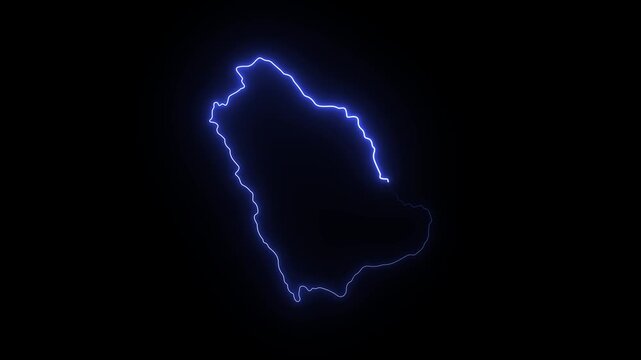 Saudi arabia map outline with glowing neon blue light effect on black background, border 4K Motion video animation