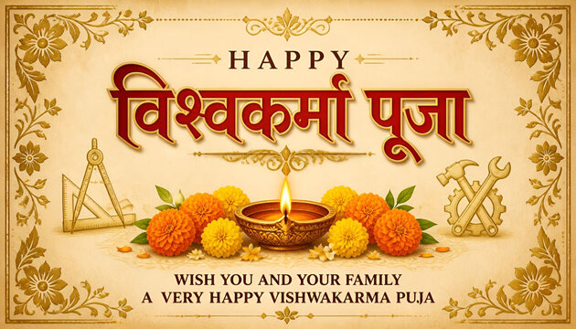 Happy Vishwakarma Puja banner with Hindi typography oil lamp and industrial tools sketch