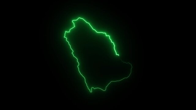 Glowing neon outline map of saudi arabia, animated green border on black background 4K Motion video animation