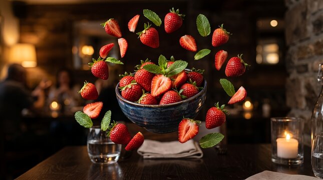 Strawberries levitate above a bowl of fresh fruit inside a dimly lit rustic restaurant.