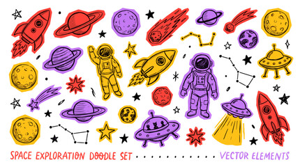 Space Exploration Doodle Set with Astronauts, Rockets, Planets and UFO Vector Sticker Icons © Refined Vision