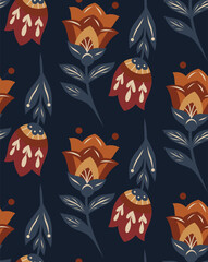 Obraz premium Vector decorative pattern with folk art flowers on dark background. Seamless texture with tracery wildflowers. Floral motif