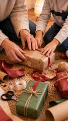 Obraz premium Adult and Child Wrapping Holiday Gifts Together on Floor