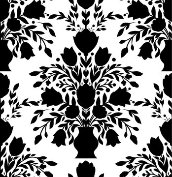 Vector seamless pattern with black silhouettes of flower bouquets in vases on a white background. Rococo texture with flowers and foliage