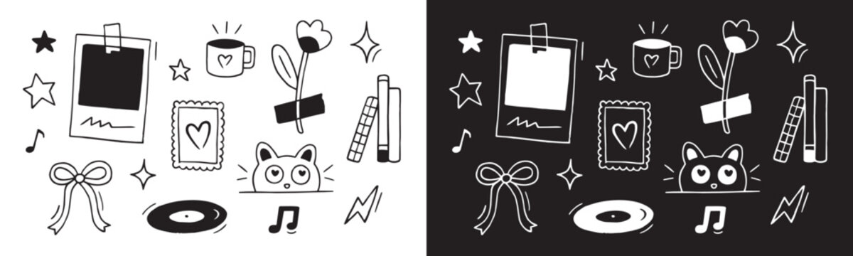 Zine aesthetic doodles indie analog diy culture black and white girly objects aesthetic naive style drawing line art. Vintage polaroid flower scotch tape music vinyl whimsical ink sketch sticker pack.