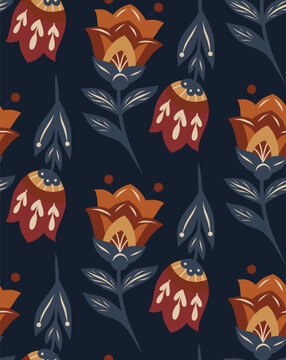 Vector decorative pattern with folk art flowers on dark background. Seamless texture with tracery wildflowers. Floral motif