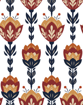 Vector decorative pattern with folk art flowers in a row on a white background. Rustic texture with wildflowers. Vertical floral motif