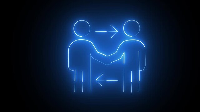Neon blue glowing handshake icon representing business partnership and connection on black background