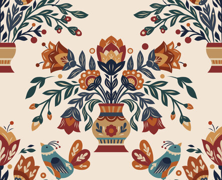 Vector decorative pattern with flowers in a vase in folk art style. Rococo texture with tracery floral ornament. Wildflowers backdrop