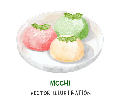 Colorful mochi ice cream on white plate. Watercolor vector traditional Japanese food illustration 