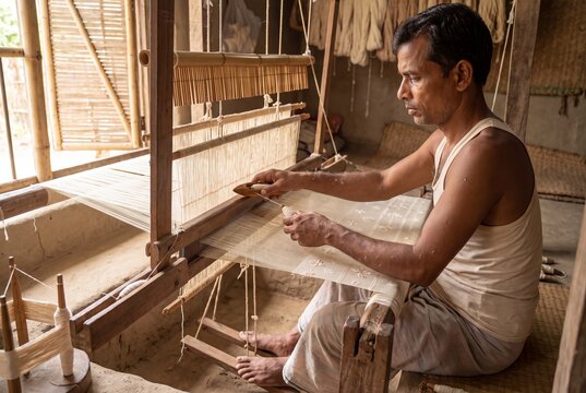 Master weaver crafting intricate Jamdani muslin textile on traditional pit loom