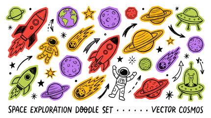 Space Exploration Doodle Set with Colorful Rockets, Astronauts, and Planets in Hand-Drawn Style © Refined Vision