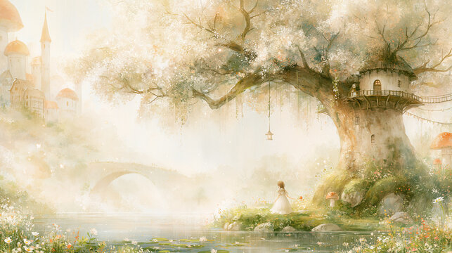 A girl in white dress stands by a magical river facing a whimsical treehouse tower castle amid glowing golden foliage