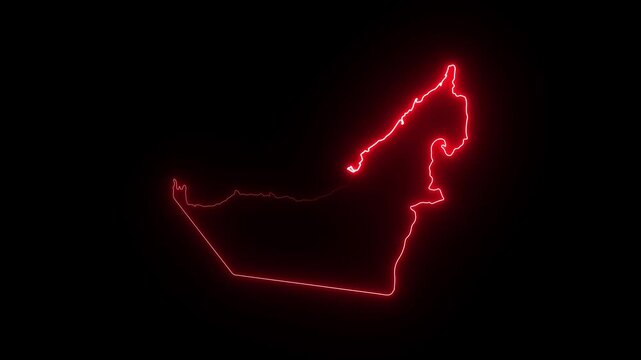 Glowing red neon outline map of united arab emirates, uae geographic border animation on black background 4K Motion video animation