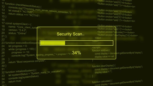 Security scan system vulnerability check progress bar animation loop with percentage box on dark programming code background visual asset