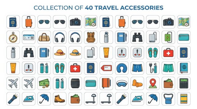 Travel accessories icon set, collection of 40 flat vacation symbols. Tourism equipment and luggage icons for trip planning.