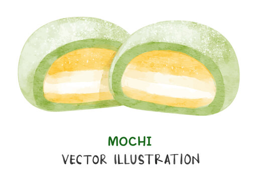 Mango mochi ice cream cut in half. Japanese traditional sweet confectionery in watercolor painting vector illustration.