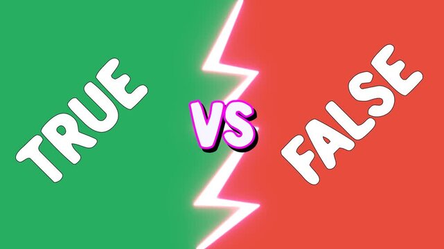 Versus battle screen divides green and red halves with glowing pink lightning bolt and VS badge. True and false text animates diagonally for quiz, trivia, and decision themes. Playful duel style.