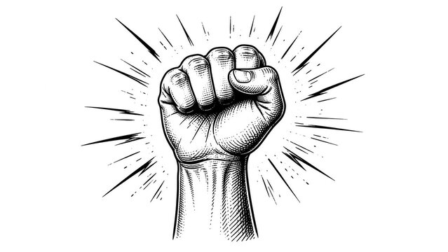 Raised fist symbol of protest and revolution, black and white ink sketch illustration.