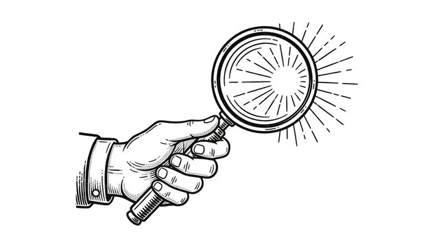 Hand holding a magnifying glass, vintage engraving style illustration of search tool.