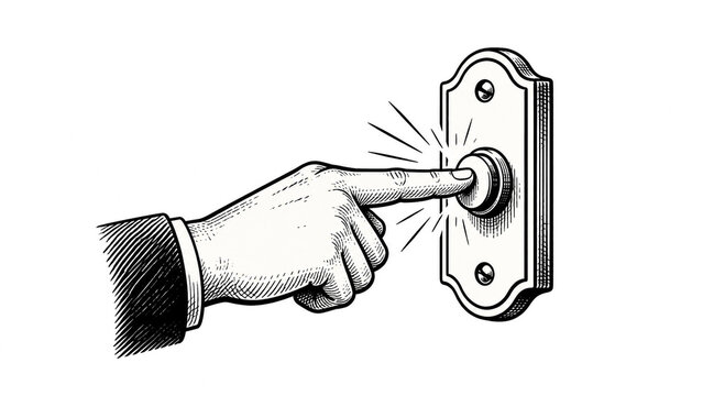 Hand pressing a doorbell button, vintage engraving style illustration of an alert signal.