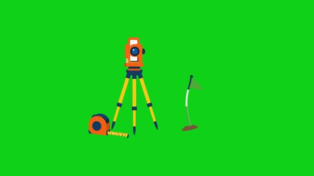 Surveying Equipment and Golf Flag on Green Background