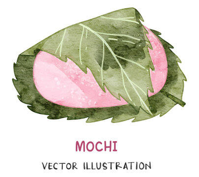 Sakura mochi Japanese traditional cuisine dish wrapped in cherry leaf. Watercolor vector illustration.