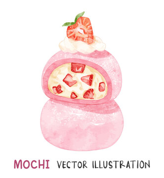 Pink mochi ice cream with strawberry filling. Watercolor Japanese dessert.