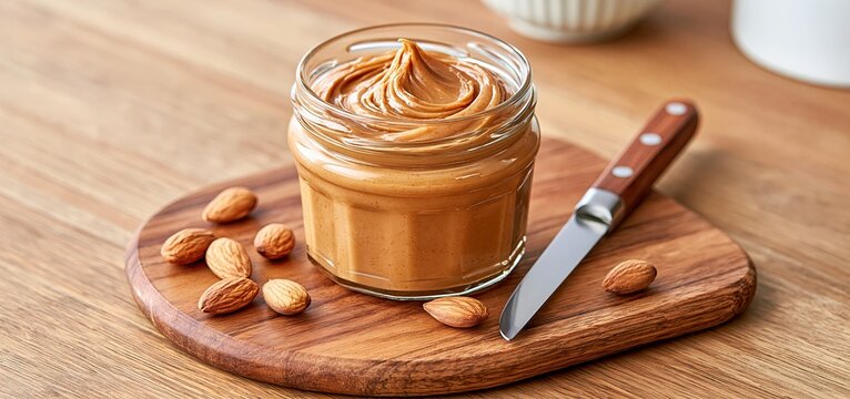 Almond butter elegantly spread on a wooden board with roasted almonds and a contemporary knife in a cozy kitchen environment.