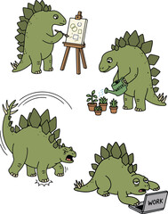Cartoon stegosaurus dinosaur character set painting, watering plants and walking, vector illustration © azwr