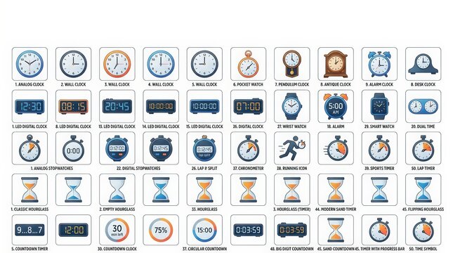 Modern clock icon set, 50 time management symbols. Digital and analog watch collection, flat vector style chronometers for business apps.
