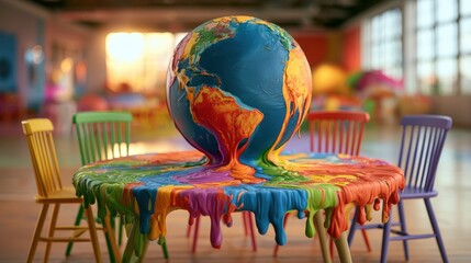 Obraz premium A colorful, melting Earth globe on a vibrant table surrounded by chairs in a bright, artistic room.
