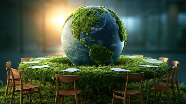 A round table covered in green moss with a globe centerpiece featuring moss-covered continents, set in a modern office space with wooden chairs around it.