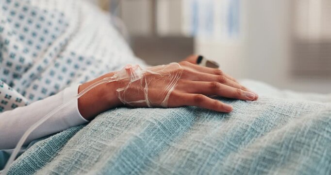 Hands, old person and bed at hospital with iv drip, hydration and fluid medication for recovery. Senior patient, rest or oximeter in icu for intravenous therapy, liquid antibiotics and rehabilitation